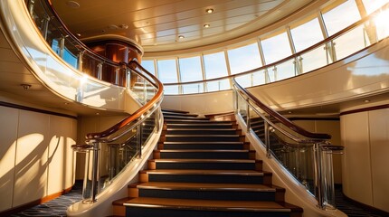 A majestic staircase on a luxurious cruise ship