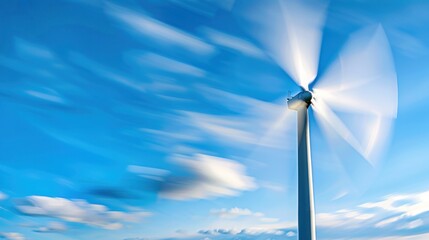 Dynamic wind turbine against bright blue sky with motion blur