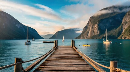 A serene and majestic fjord landscape viewed from a weathered wooden pier