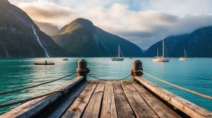 A serene and majestic fjord landscape viewed from a weathered wooden pier