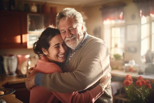 Adult daughter fun hugging old senior father adult portrait photo.