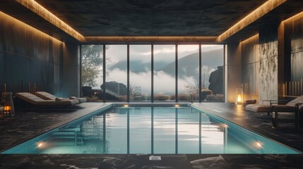 Luxurious indoor swimming pool with a sleek design, expansive windows offering a view of a...