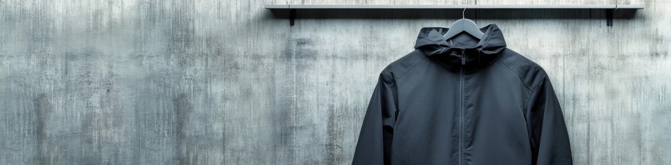Black jacket hanging on a minimalist concrete wall with a sleek metal shelf above, AI