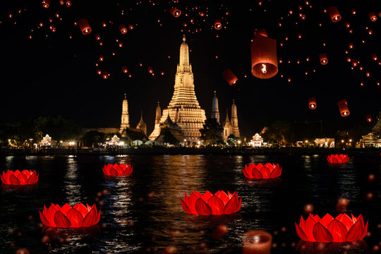 Loy krathong festival and floating lantern at blurred wat arun background.Vector illustration.