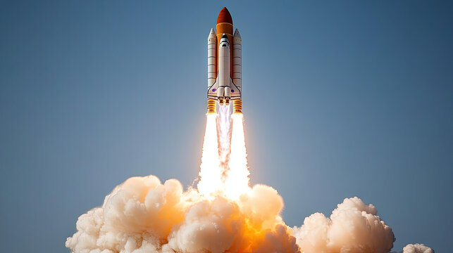 Spaceship launching into the sky, bright flames and smoke trailing behind, as it ascends from the launchpad under a clear blue sky --chaos