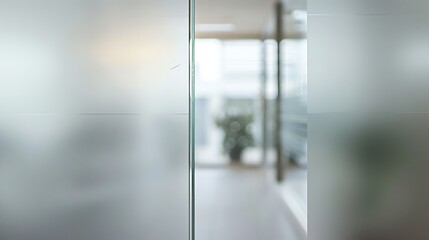 Close up of a frosted glass door with a blurred view of an office space behind it.
