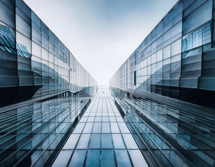 Low angle view of futuristic architecture and glass facade.  Details of a skyscraper, modern office building.