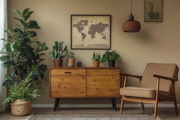 Retro interior design of living room with stylish vintage chair and table, plants, cacti, personal accessories and gold mock up poster frame on the beige wall. Elegant home decor, Generative AI