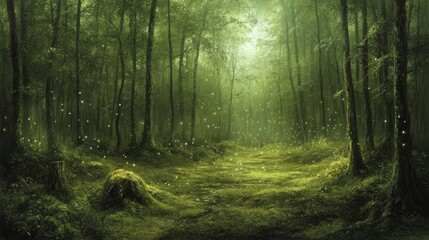 Fototapeta premium Enchanting Forest Path with Fireflies and Glowing Light