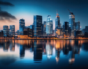 Obraz premium A modern city reflecting in water at blue hour