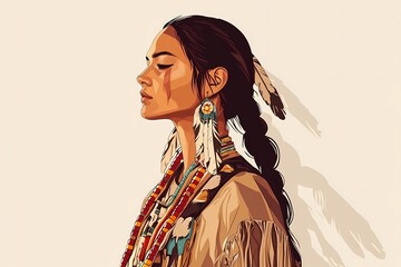 Fototapeta premium Indigenous Native American woman in tribal attire, symbolizing strength and cultural heritage, perfect for representation of diversity and tradition.