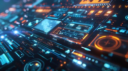 A futuristic, digital interface with glowing blue and orange lines and circuits.