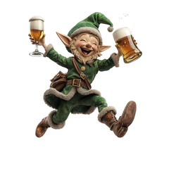 A joyful elf celebrating with two beers in hand, exuding cheerfulness and festive spirit in a playful pose.