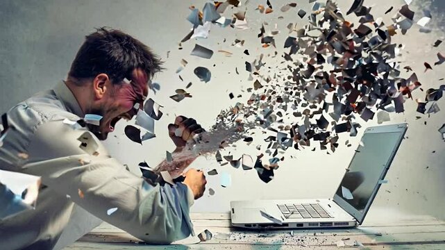 Frustrated man shouts at laptop, causing it to explode dramatically. Conceptual image showing stress and anger. Ideal for articles on technology, stress, and workplace emotions. Generative AI