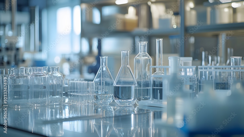 Poster a row of glass beaker flasks and test tubes in a laboratory setting