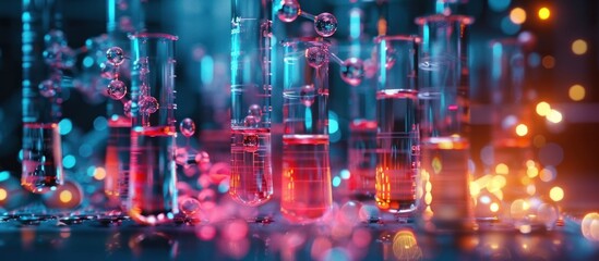 Fototapeta premium Vibrant Glassware in Science Laboratory Setting Colorful array of scientific equipment including beakers test tubes