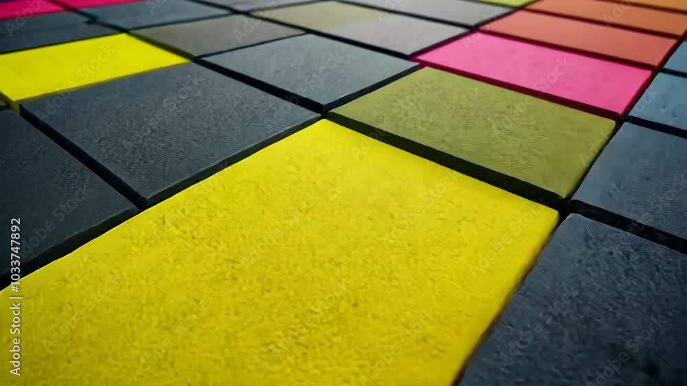 Poster a close-up shot of a grid pattern made of colorful squares with different textured surfaces