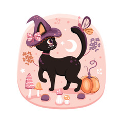 Cute little black cat with a purple witch hat with a pink coquette bow looking at a butterfly on her tail. A pastel vector Halloween design.