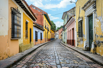 Colonial Architecture in South American City with Cobbled Streets  