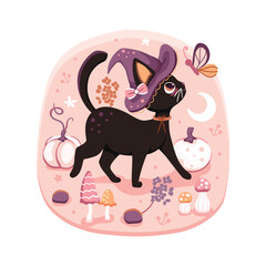 Cute little black cat with a purple witch hat with a pink coquette bow looking at a butterfly. A pastel vector Halloween design.