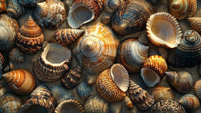 A close-up of various seashells on the beach, showcasing their intricate patterns and textures