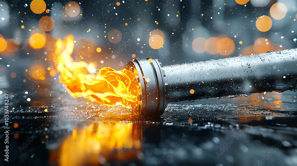 Poster Dynamic flames erupting from a metallic pipe surrounded by glimmering raindrops a captivating visual of fire and water interaction