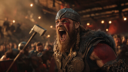 Viking looking up at Thor, grinning in a highly detailed, cinematic, and epic scene.