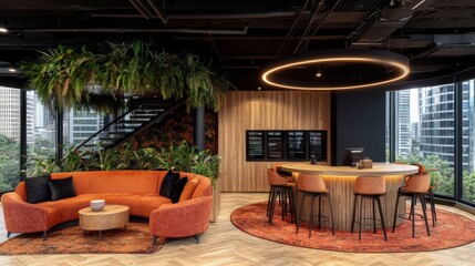 Fototapeta premium Modern Office Lounge with City View Green Plants and Circular Seating