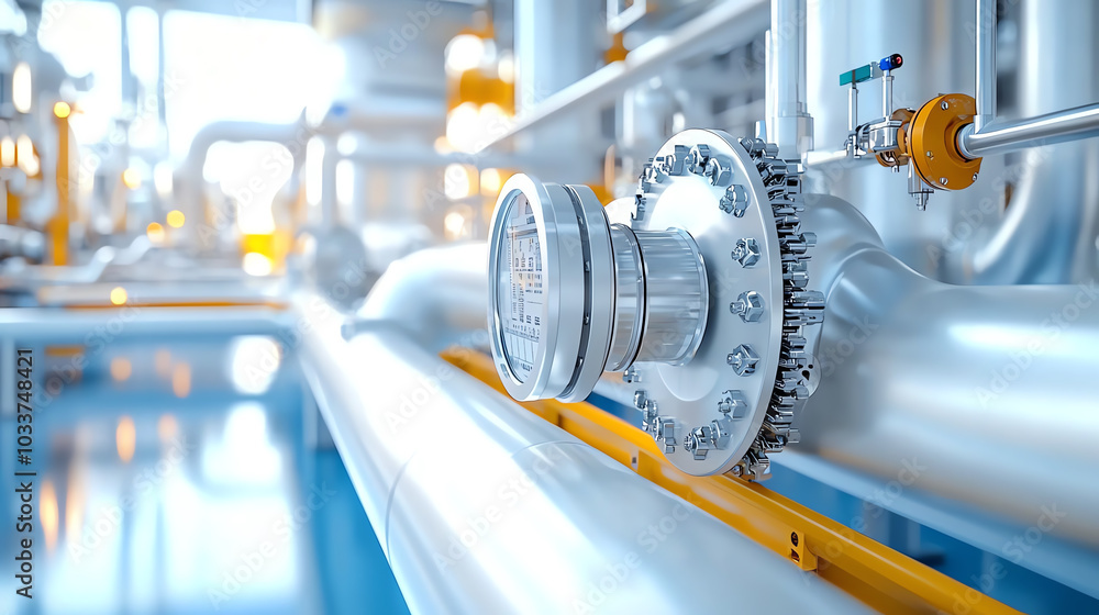Poster exploring the intricacies of industrial pipelines and valves in modern engineering environments for 