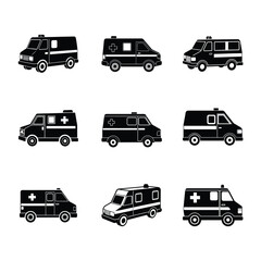 Ambulances silhouette vector bundle for line art, clipart, and cartoon designs. Ideal for graphic design and digital art.