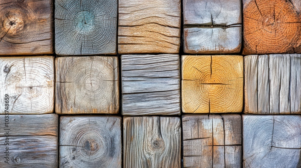 Poster weathered wooden blocks with visible grain patterns