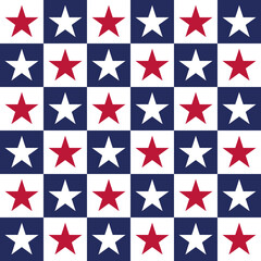 Patriotic red white blue stars checkerboard Raster Pattern. July 4th patriotic stars checker American seamless pattern.