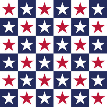Patriotic red white blue stars checkerboard Raster Pattern. July 4th patriotic stars checker American seamless pattern.