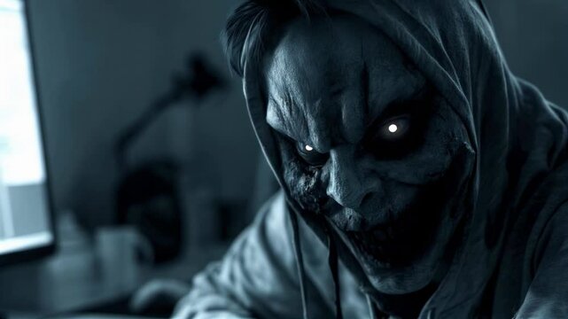 Frightening figure with a distorted, skeletal face and glowing eyes, seated in front of a computer screen in a dimly lit room, exuding a sense of fear and menace.