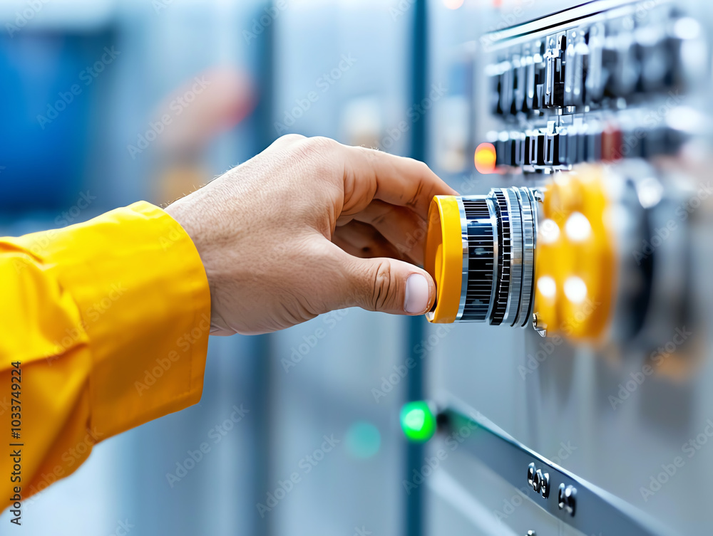 Poster adjusting control settings in industrial machinery a close-up on operational precision and efficienc