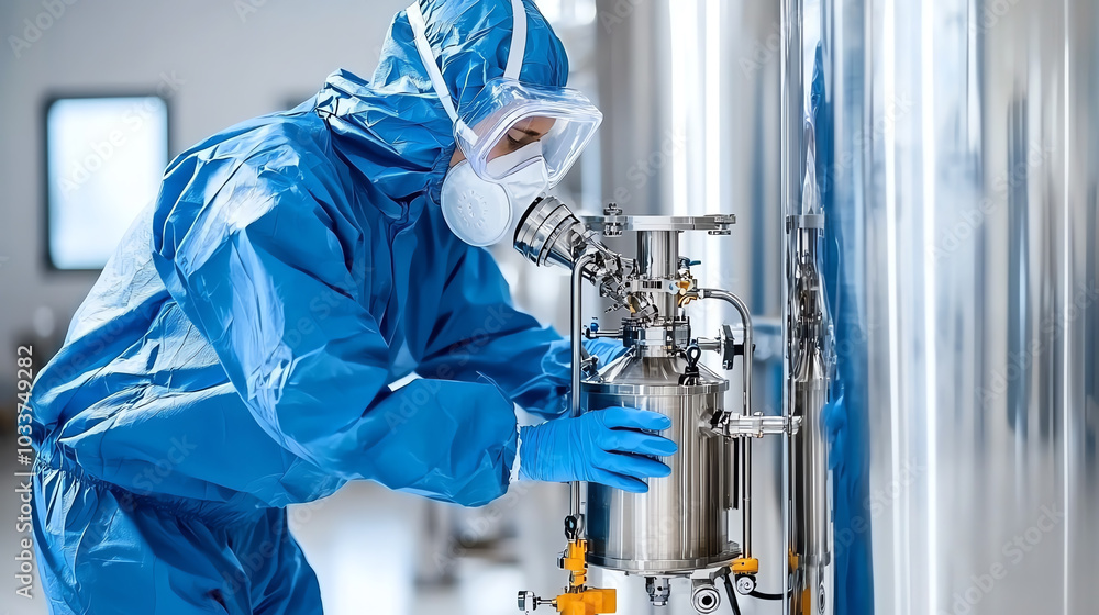 Poster worker in protective gear conducting experiment in high-tech laboratory setting for scientific resea