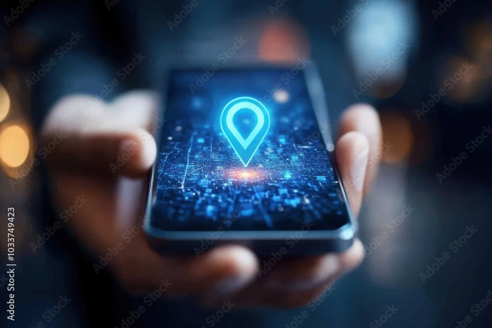 Aufkleber a male hand grasps a mobile device that shows a bright location pin on its screen, surrounded by a b