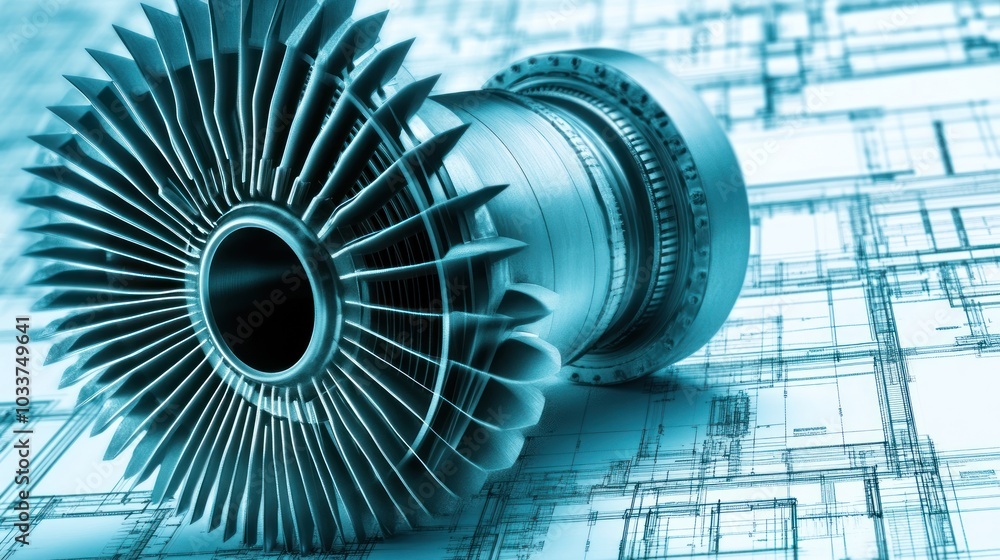 Poster a close-up view of a jet engine on a blueprint.