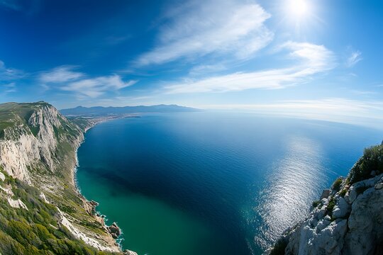 Coastal Cliffs Overlooking a Vast Blue Sea with a Sun-Kissed Horizon - Powered by Adobe