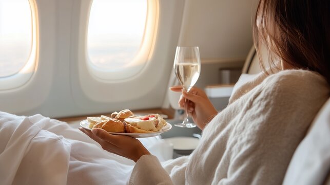 Luxurious in-flight dining experience with champagne and gourmet treats during a long-haul flight