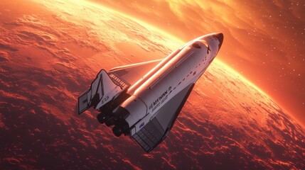 A futuristic space shuttle preparing for a journey to Mars with the planet's red surface glowing in the distance, space colonization, planetary exploration, commercial aerospace, interplanetary travel