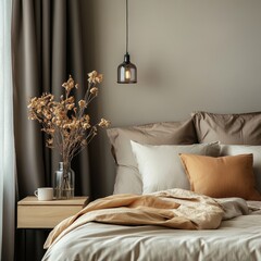 Contemporary design of bedroom interior with brown and gray bedding, pillows, plaid, trace with cup, pitcher, ble wall, modern hanging lamp and personal accessories. Home decor, Generative AI