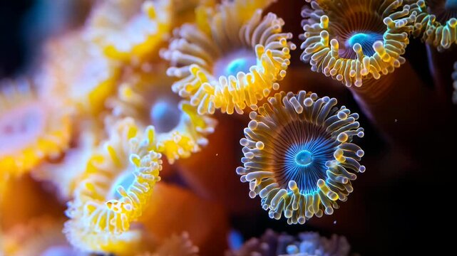 Macro shot of coral polyps moving underwater with intricate details