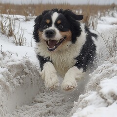 Energetic dog leaps joyfully through snowy landscape on a bright winter day