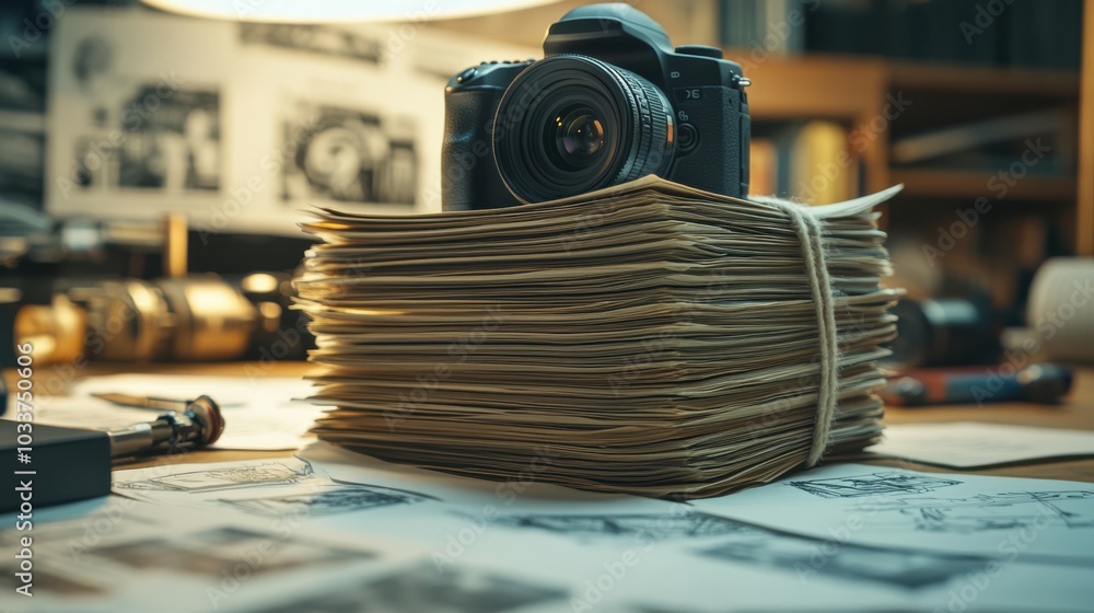 Poster a large stack of scripts tied together with a film camera lens placed on top, sitting on a plain woo