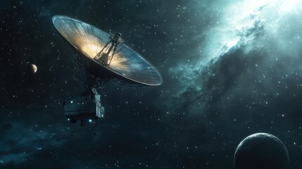 A large satellite dish floating near Uranus, scanning deep space for signals, with distant moons casting shadows, space communication, exploration, planetary technology, cosmic science
