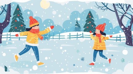 children playing in winter illustration.