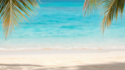 Tropical beach with turquoise waters and palm leaves framing the serene view, AI