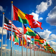 A vibrant display of colorful flags from various countries, symbolizing diversity,