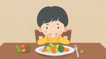 child with plate of vegetables illustration.